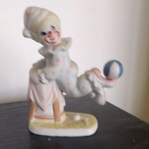 Cute Vintage Porcelain Circus Clown Figurine Ball on Foot with Stool Act Statue